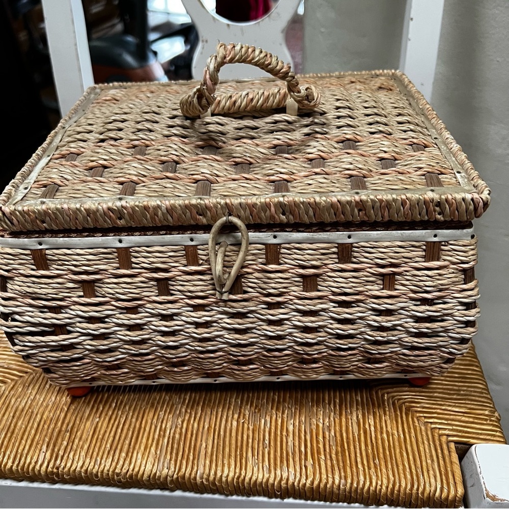 Vintage wicker sewing basket pink satin lining tray vintage garter clips etc
